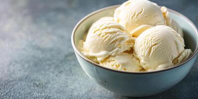 Bowl of ice cream with multiple scoops, melting slightly at the sides, gastronomy photography photo