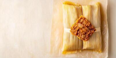 Close-up of a tamale being unwrapped, with the filling partially visible, on a plain background, photorealistic food photo