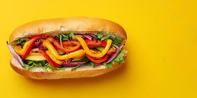 Close-up of veggie sub showing layers of vegetables in a roll, gastronomy photography photo