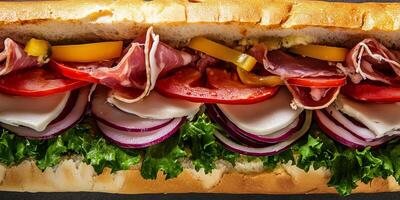 Close-up of Italian sub, showing layers of deli meat, cheese, and fresh vegetables, photorealistic food photo