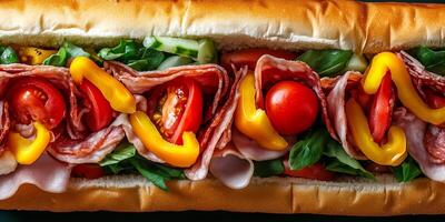 Close-up of Italian sub, showing layers of deli meat, cheese, and fresh vegetables, gastronomy photography photo