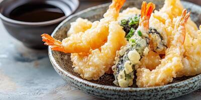 Close-up of assorted tempura on a ceramic plate with dipping sauce, gastronomy photography photo