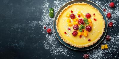 Dessert with a crumbly crust, filled with smooth custard, topped with small scattered fruit pieces, gastronomy photography photo