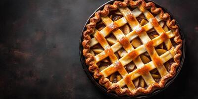 Lattice-topped pie with cooked apples and spices inside, photorealistic food photo