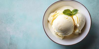 Vanilla ice cream with a single scoop, served with a simple garnish, photorealistic food photo