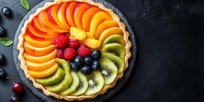 Flat pastry shell filled with layers of sliced fruit arranged in a decorative pattern, gastronomy photography photo