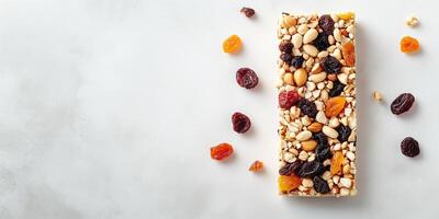 Fruit and nut bar with dried fruits and nuts on a flat surface, gastronomy photography photo