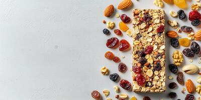 Fruit and nut bar with dried fruits and nuts on a flat surface, photorealistic food photo