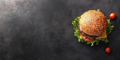 Gourmet burger with various fillings, placed horizontally on a clean surface, gastronomy photography photo