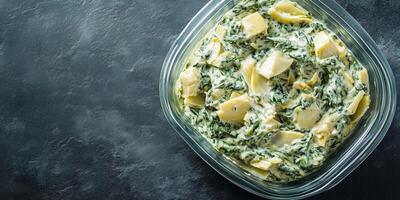 Spinach artichoke dip in a small ramekin, no extra elements, gastronomy photography photo