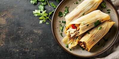 Serving of tamales with one partially unwrapped, showing the filling inside, on a neutral plate, gastronomy photography photo