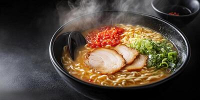 Steaming ramen bowl with broth, noodles, and toppings, with a spoon, photorealistic food photo