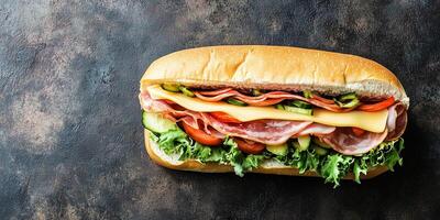 Sub sandwich with layers of meat, cheese, and vegetables on a flat surface, gastronomy photography photo