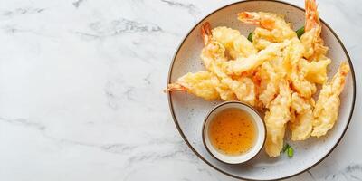 Top view of tempura pieces on a plate, with a small dipping sauce bowl, photorealistic food photo