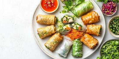 Spring rolls arranged in a grid on a white, round plate, photorealistic food photo