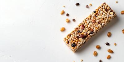Energy bar with seeds and grains on a flat surface, gastronomy photography photo