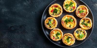 Mini quiches arranged symmetrically on a round plate, photorealistic food photo