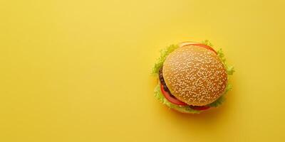 Assembled small burger with patty, lying flat on a simple background, photorealistic food photo