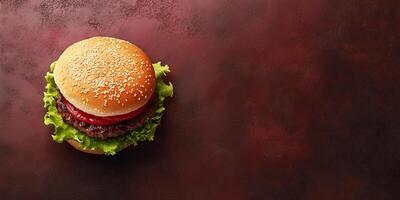 Assembled burger with visible layers, placed horizontally on a flat surface, photorealistic food photo