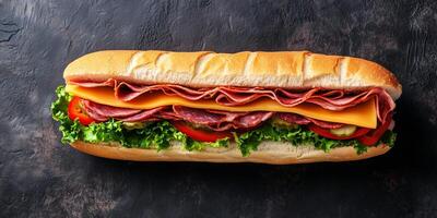 Overhead view of sub sandwich with visible layers of meat, cheese, and vegetables, photorealistic food photo