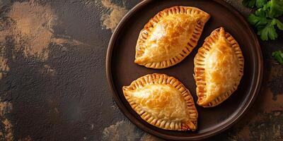 Four vegetarian empanadas arranged in a circle on a plate, photorealistic food photo