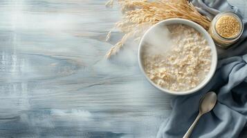 Steaming hot cereal beside a jar of sweeteners and spoon, photorealistic food photo