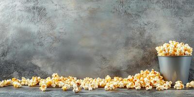 Kettle corn scattered on a flat surface, with popped kernels clearly visible, gastronomy photography photo