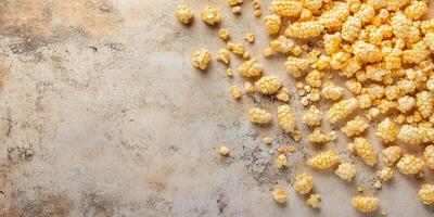 Kettle corn scattered on a flat surface, with popped kernels clearly visible, photorealistic food photo