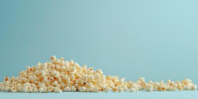 Kettle corn piled high, with popped kernels arranged on a plain background, gastronomy photography photo