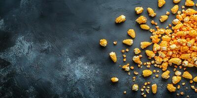 Kettle corn scattered on a flat surface, with popped kernels clearly visible, photorealistic food photo