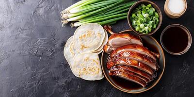 Peking duck with scallions and hoisin sauce, photorealistic food photo