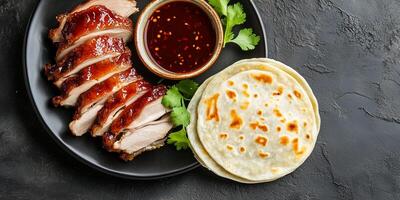Peking duck with pancakes and dipping sauce, photorealistic food photo