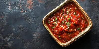 Salsa in a rectangular container, smooth texture, gastronomy photography photo
