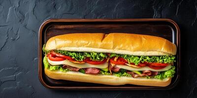 Two Italian subs neatly arranged on a tray, each filled with meat, cheese, and vegetables, gastronomy photography photo