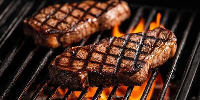 Cooked steak on a cutting board with a carving knife, photorealistic food photo