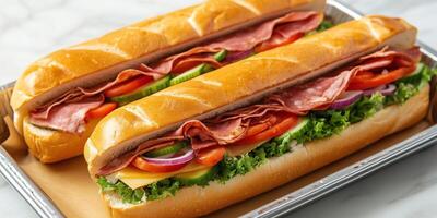 Two sub sandwiches on a tray, each containing meat, cheese, and fresh vegetables, gastronomy photography photo