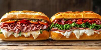 Two Italian subs side by side, packed with layers of meat, cheese, and vegetables, photorealistic food photo
