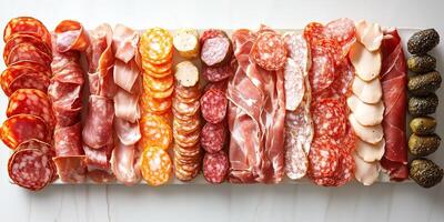 Various charcuterie displayed in rows on a flat, rectangular platter, gastronomy photography photo