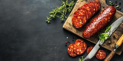 Whole chorizo and slices displayed with a knife on a cutting board, photorealistic food photo