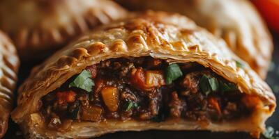 Close-up of a vegetarian empanada with some filling visible, food setting photo