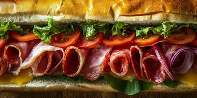 Close-up of Italian sub, showing layers of deli meat, cheese, and fresh vegetables, food setting photo