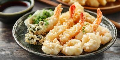 Close-up of assorted tempura on a ceramic plate with dipping sauce, meal photography photo