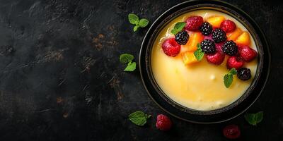 Dessert with a crumbly crust, filled with smooth custard, topped with small scattered fruit pieces, meal photography photo