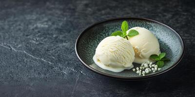 Dish with two scoops of vanilla ice cream, garnished with a small sprig, food setting photo