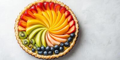 Flat pastry shell filled with layers of sliced fruit arranged in a decorative pattern, food setting photo
