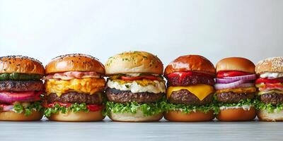 Gourmet burger with multiple fillings, arranged horizontally on a flat surface, food setting photo