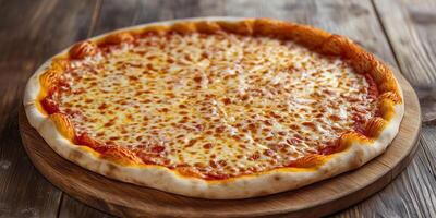Full margherita pizza on a round wooden board, evenly topped with cheese and tomato sauce, meal photography photo