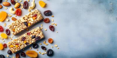 Fruit and nut bar with dried fruits and nuts on a flat surface, meal photography photo