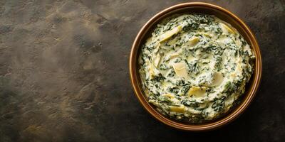 Spinach artichoke dip in a small ramekin, no extra elements, meal photography photo
