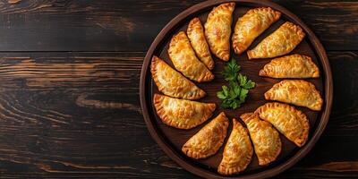 Serving tray with multiple beef empanadas arranged in a circular pattern, food setting photo